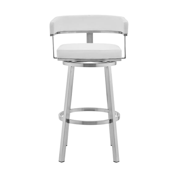 HomeStock Rococo Romance 30" Faux Leather and Brushed Stainless Steel Swivel Bar Stool - White, 30" Bar Height, Modern Design for Stylish Bars