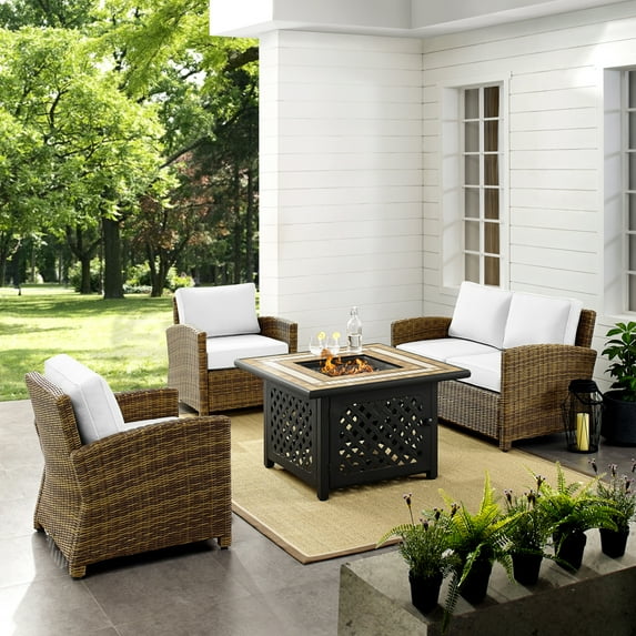 HomeStock Rococo Romance 4Pc Outdoor Weathered Brown Conversation Set - Loveseat, Fire Table, & 2 Arm Chairs