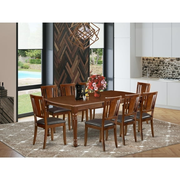 Rectangular Dining Set 9-Piece - Rococo Style Table & Faux Leather Chairs - Elegant Dining Room Furniture