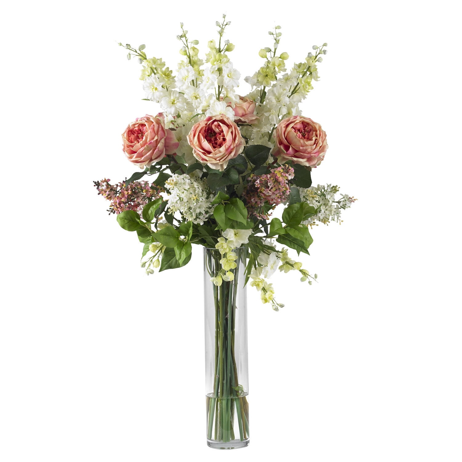 Pink Rose Delphinium and Lilac Silk Flower Arrangement in Glass Vase