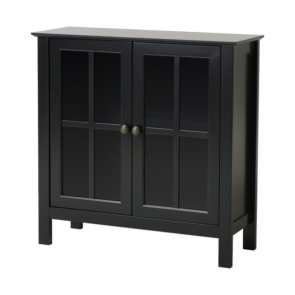 HomeStock Rustic Arrow Black Glass Door Accent and Display Cabinet, Wood