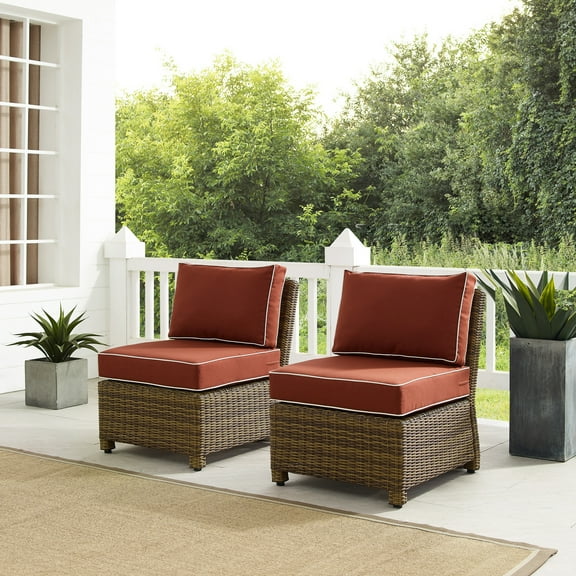 HomeStock Rustic Ranch Outdoor Wicker Armless Chairs (Set of 2), Weathered Brown with Sangria Cushions, 31.5 x 25 x 32.5 in, Weather-Proof Construction, Elegant Patio Chairs