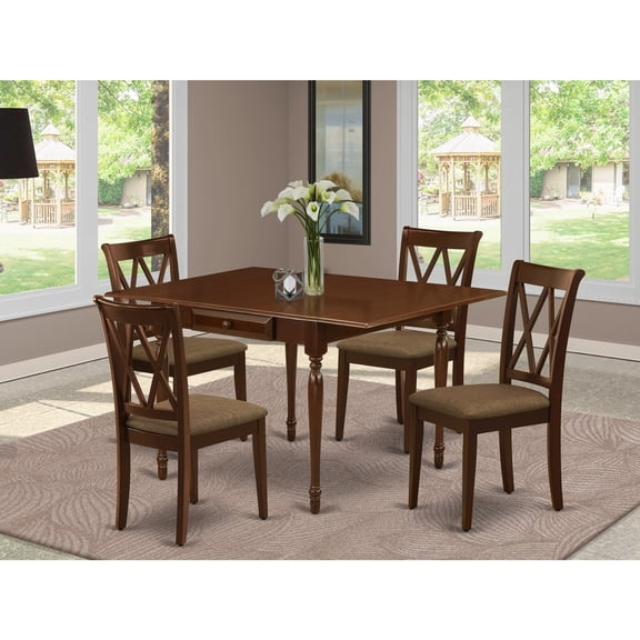 Rustic Wood Dining Table Set with 4 Chairs - Linen Seat, Drop Leaf Table, Mahogany Finish