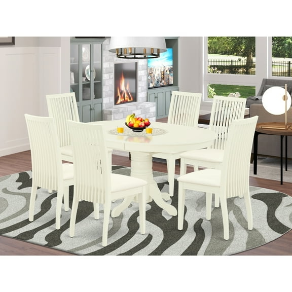 7Pc Rustic Ranch Dinette Set - Oval Kitchen Table6 Linen Chairs - Linen White Finish