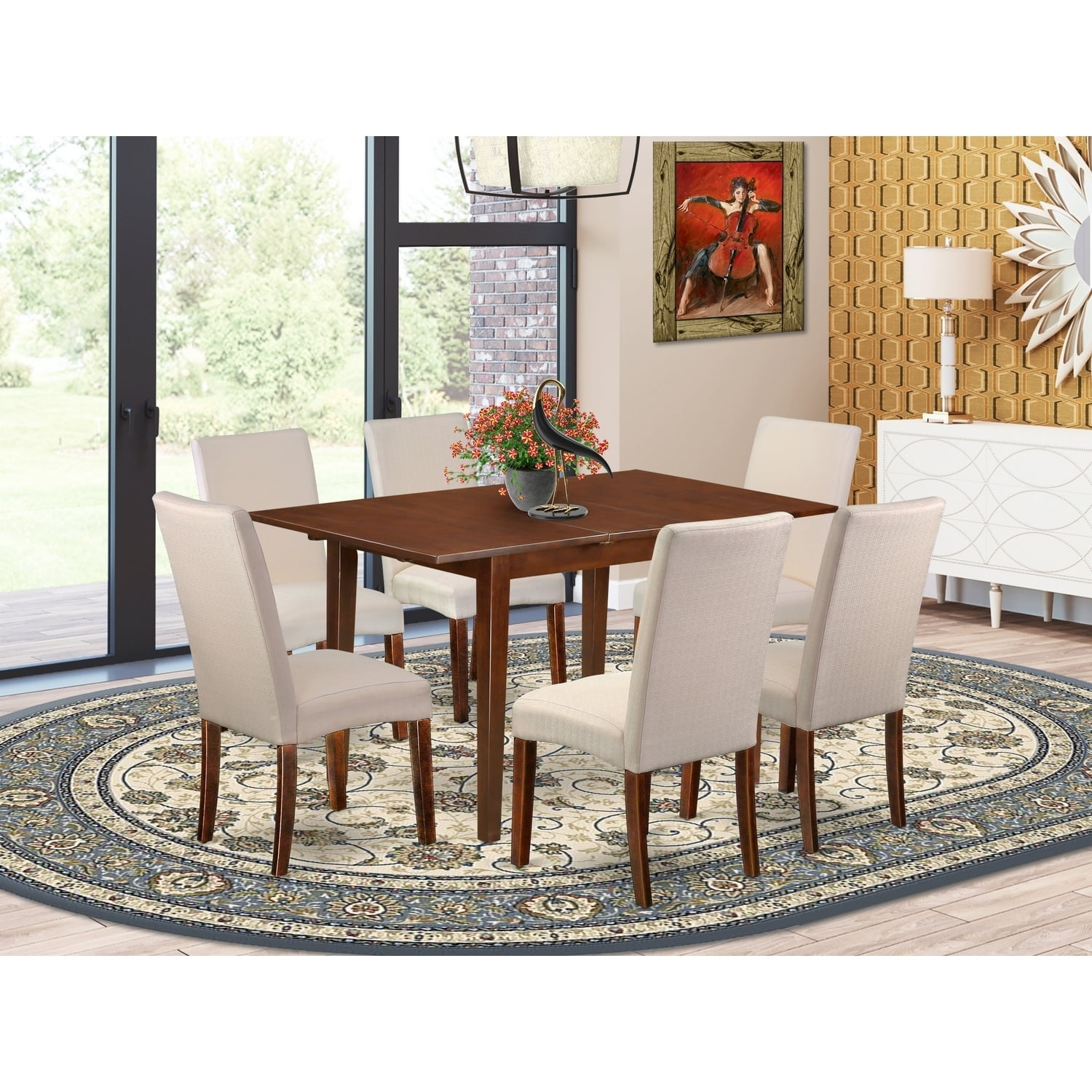 Rustic Dining Set 7Pc Table & 6 Chairs - Cream Linen Fabric - Mahogany ...