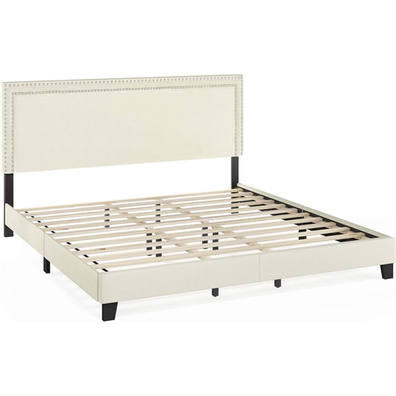 Rustic Ranch Button Tufted Bed Frame In Linen With 12 Piece Slat Style, King Size For A Stylish And Comfortable Bedroom Retreat