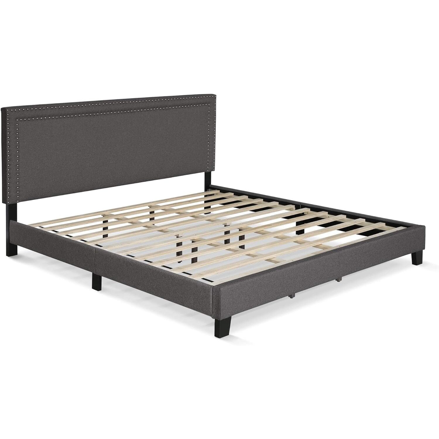 Homestock Rustic Ranch Button Tufted Bed Frame In Linen With 12 Piece Slat Style, King Size For A Stylish And Comfortable Bedroom Retreat-Color:Stone,Size:King