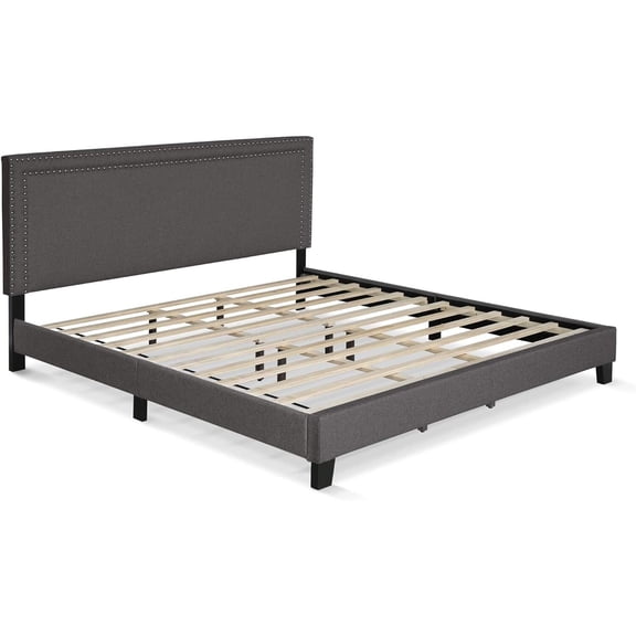 Homestock Rustic Ranch Button Tufted Bed Frame In Linen With 12 Piece Slat Style, King Size For A Stylish And Comfortable Bedroom Retreat-Color:Stone,Size:King