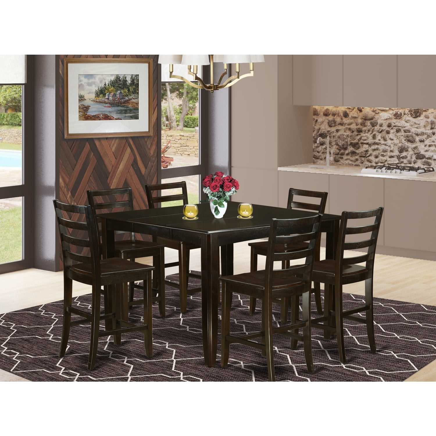 Rustic Ranch Dining Set - Square Counter Height Table & 8 Chairs ...