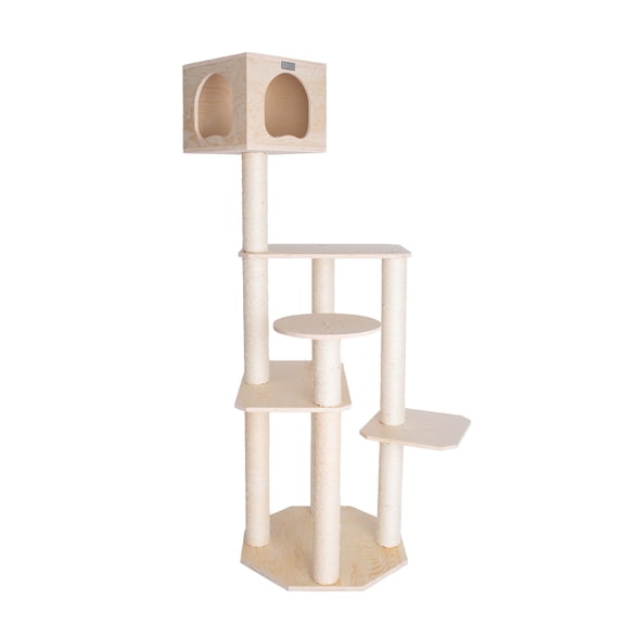 HomeStock Rustic Ranch Scots Pine Cat Tree with 5 Levels & Perch - 36"L x 32"W x 69"H, Natural Scots Pine, Sisal Scratching Posts, 70 lbs Max Weight