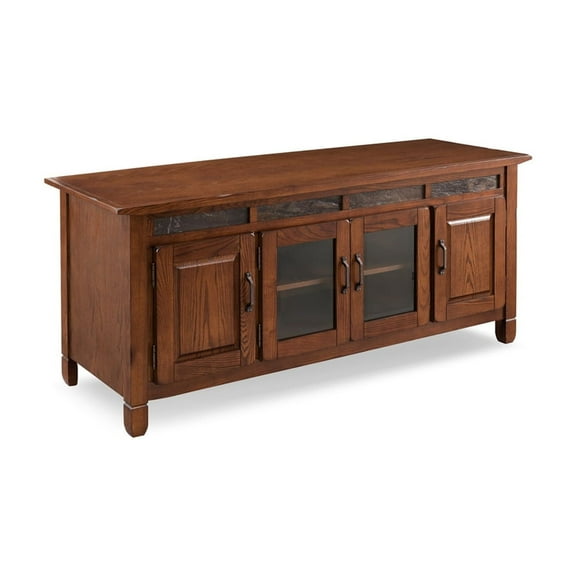 HomeStock Rustic Ranch TV Stand Console with Slate Tiles and Enclosed Storage, 20"W x 60"L x 25"H, Rustic Oak- Television stand for 65" TVs, Storage TV Stand, Shelved TV Stand