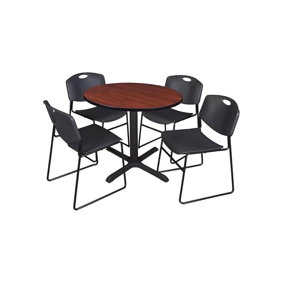 HomeStock Rustic Recluse 42" Round Breakroom Table- Cherry & 4 Zeng Stack Chairs- Black, Ideal for Cafeterias, Dining, and Office Spaces