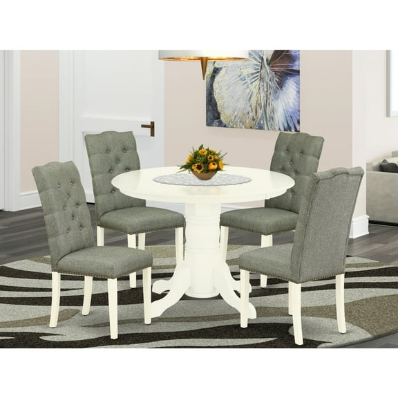 HomeStock Rustic Recluse 5-Piece Dining Table Set- 4 Parson Chairs And Dining Room Table Solid Wood Frame - High Back Button Tufted & Linen White Finish