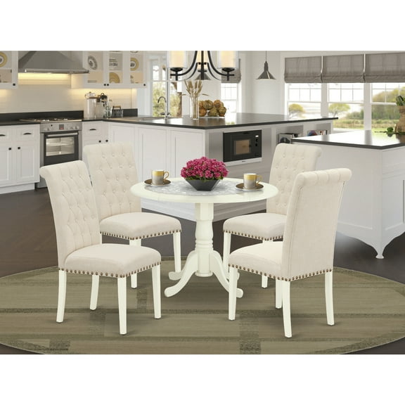 Rustic 5Pc Dinette Set - Round Table4 Parsons Chairs - Light Beige Fabric, White Finish