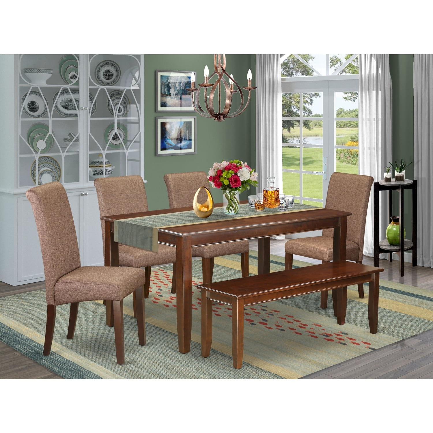 Rustic Kitchen Table Set 6 Chairs Bench Linen Brown Farmhouse Dining ...