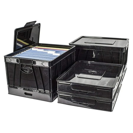 HomeStock Rustic Recluse Crate with Lid, Black - 17.25"L x 14.25"W x 10.5"H - Collapsible Storage for Letter/Legal Files, 35 lbs Capacity (4-Pack)