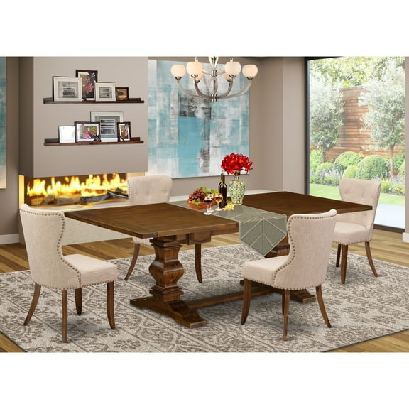 HomeStock Rustic Recluse Furniture A Dining Table Set f 4 Fantastic Indoor Dining Chairs With Linen Fabric Linen Tan Color & A Gorgeous Pedestal Kitchen Table With Antique Walnut