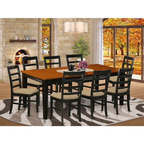 Dining Room Set 9 Piece Table & Chairs - Rustic Rectangle Table with Butterfly Leaf - Linen Fabric Chairs