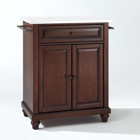 HomeStock Rustic Recluse Stone Top Portable Kitchen Island,Spacious Countertop,Portable Design,Modern Kitchen Furniture,Convenient,/Cart Mahogany/White