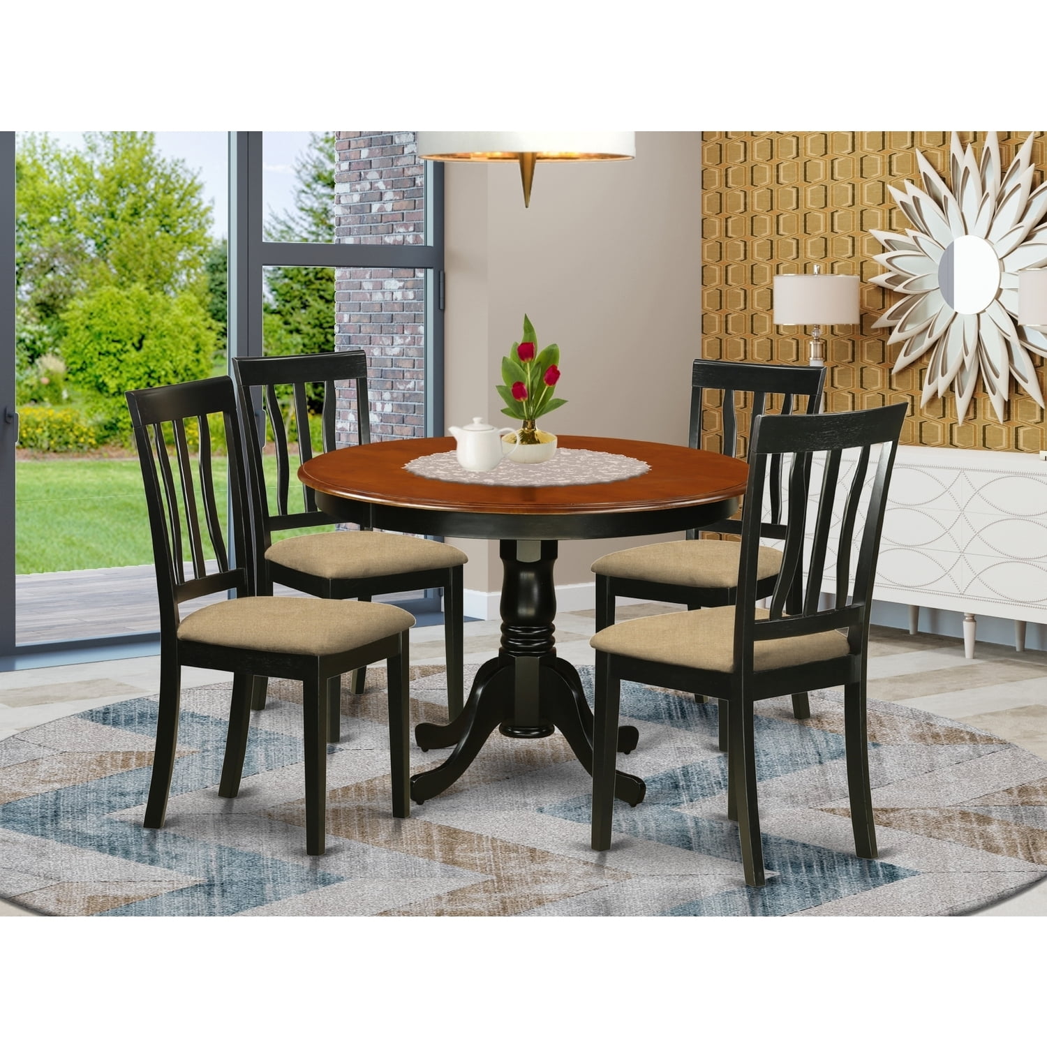 Round Kitchen Table Set for 4 - 42 Inch Dining Table with 4 Chairs - Rustic Farmhouse Style