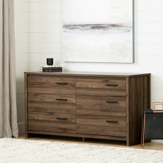 HomeStock Rustic Refinement 6-Drawer Double Dresser, Natural Walnut Finish, Freestanding, Storage Dresser with File Drawer - 19"D x 58.5"W x 31.5"H