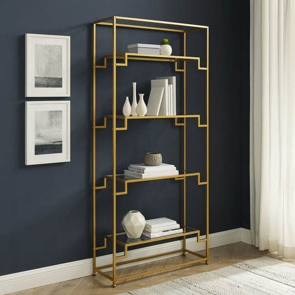 HomeStock Artistic Accomplishment Glass Etagere Bookcase in Gold, Tiered Shelving Storage Bookcase, Versatile Storage Bookshelf, Modern Bookcase-Size:4 Tier