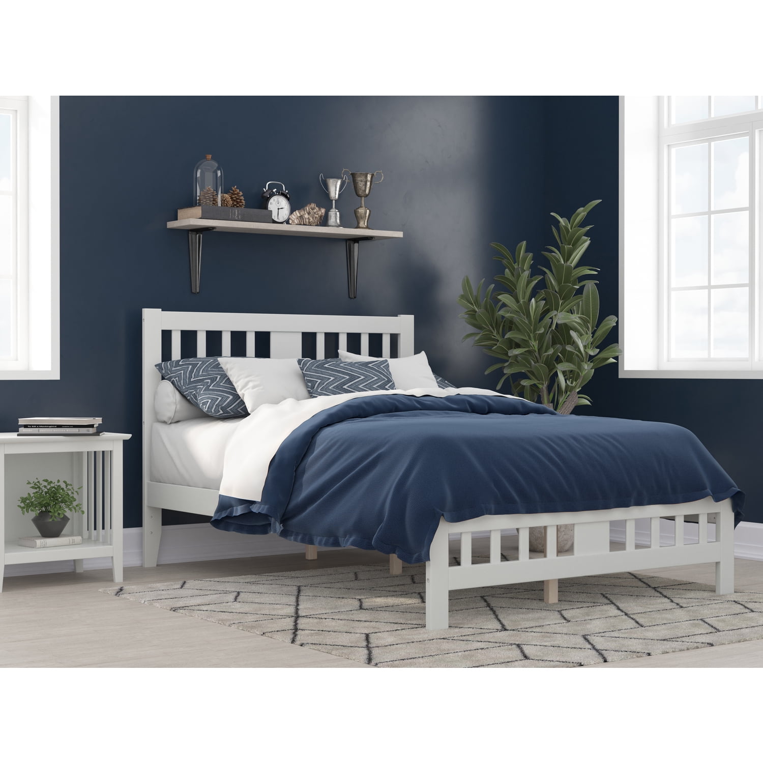 White Full Size Solid Rubberwood Mission Bed with Slats