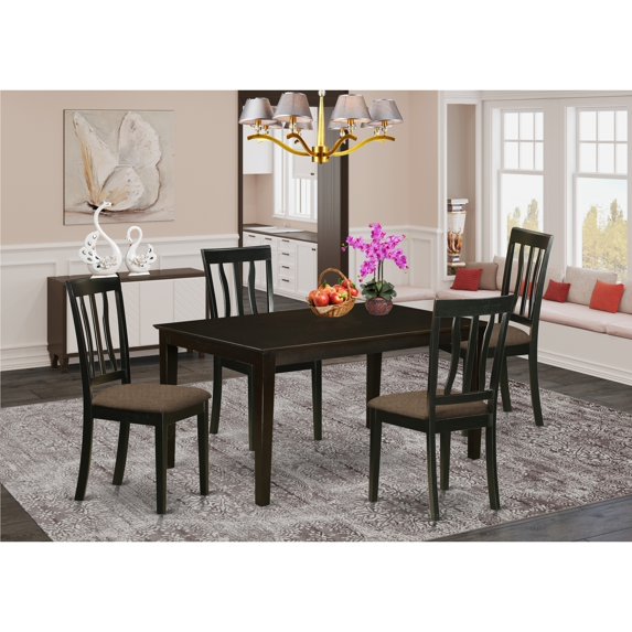 Dining Room Table Set 5 Piece - Rectangular Table & 4 Kitchen Chairs - Rustic Linen Fabric Design