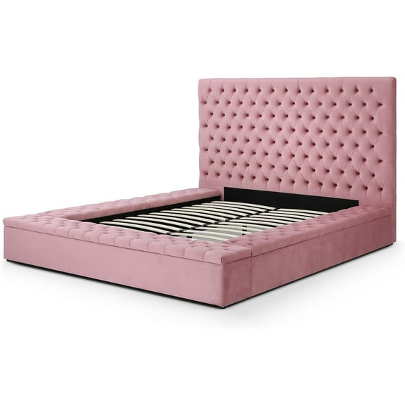 HomeStock Rustic Refinement Velvet Tufted Upholstered Storage Platform with Headboard (Pink, King )
