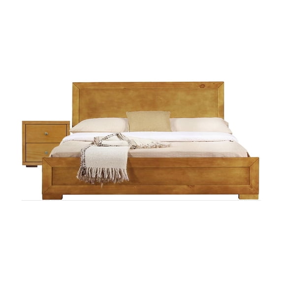 Wooden Platform Bed with Nightstand - Full Size Bed Frame, Oak Finish, Modern Bedroom Furniture