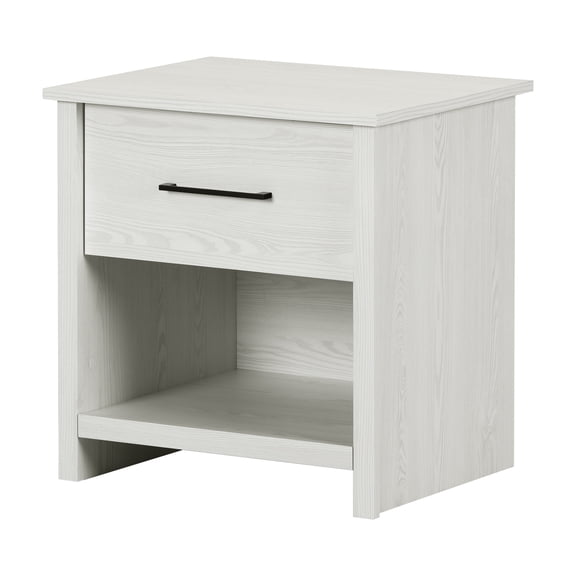 HomeStock Rustic Retreat 1-Drawer Nightstand White Pine, 28.5" (L) x 18.75" (W) x 4.5" (H), Black Metal Handle, 1 Spacious Drawer, Open Storage Compartment
