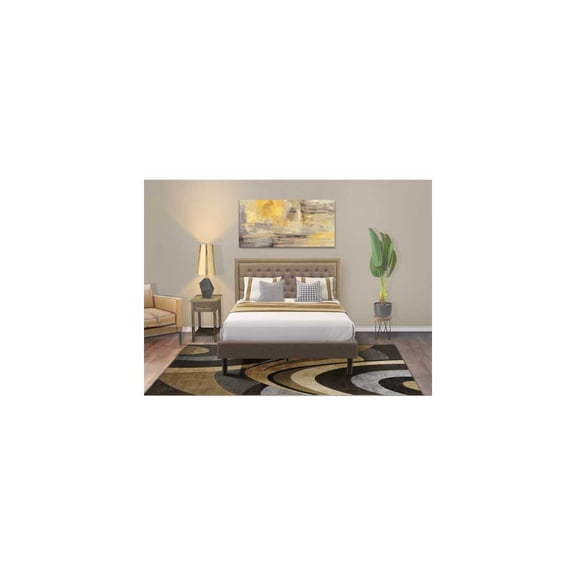 HomeStock Rustic Retreat 2 Pc Size Bed Set 1 Size Bed Frame Brown Linen Fabric Padded and Button Tufted Headboard 1 Wooden Nightstand with Wood Drawer Black Finish Legs