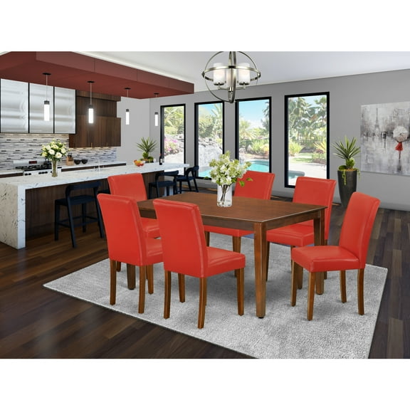 Rectangle Dining Table Set 7Pc - Rustic Wood Table & Chairs - Firebrick Red PU Leather - Home Kitchen Furniture