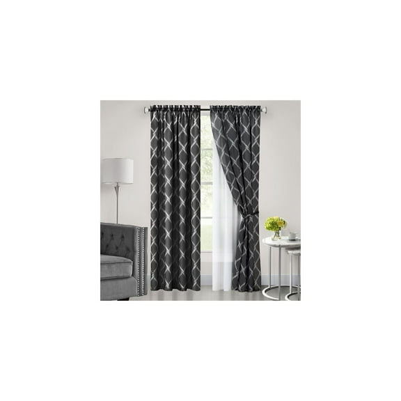 HomeStock Rustic Retreat Double Layered Rod Pocket Window Curtain Panel - Black - 52x84-Inch - Chain-Link Print Overlay with Matching Tieback