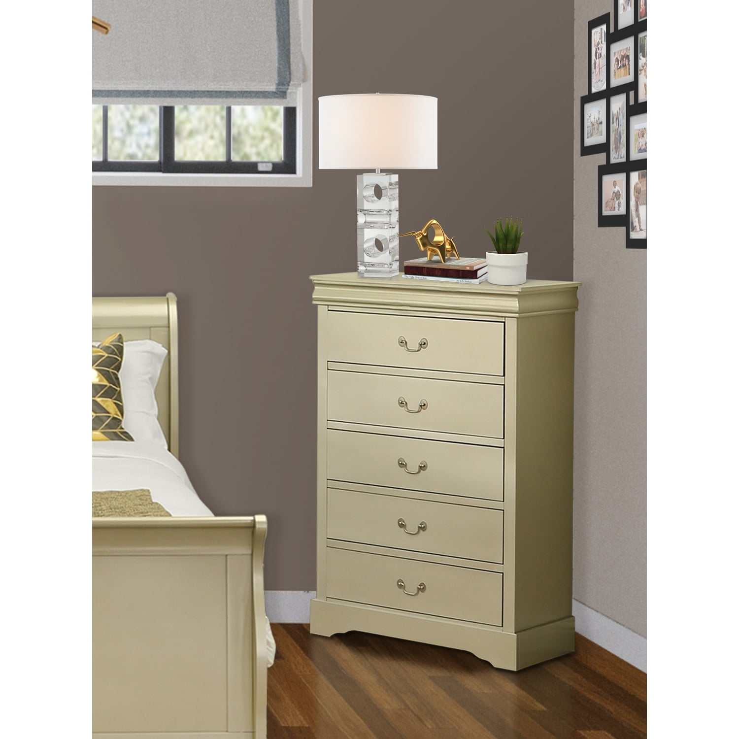 Metallic Gold Mid-Century 5-Drawer Wooden Chest