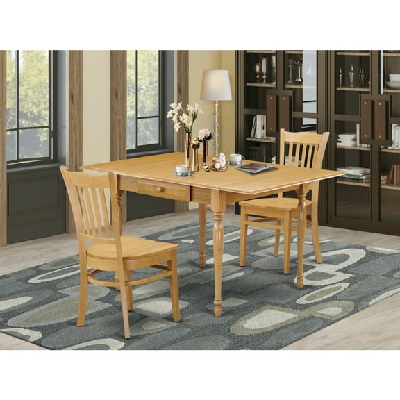 Rustic Kitchen Dining Table Set - Solid Wood Table & 2 Chairs - Drop Leaf Design - Oak Finish - Dinette Set