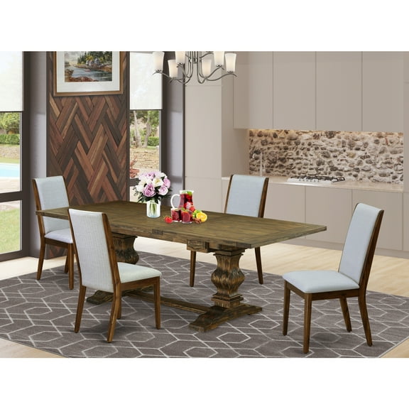 HomeStock Rustic Revival 5-Pc Wood Dining Table Set With Chair S Legs And Modern Gray Linen Fabric Dining Room Chairs Set Of 4 And Great Table- Antique Walnut And Distressed Jacobean Finish