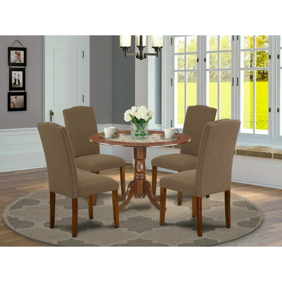 Round Kitchen Table Set 5pc 42" Table w/ Drop Leaves & 4 Parsons Chairs - Rustic Dining Set