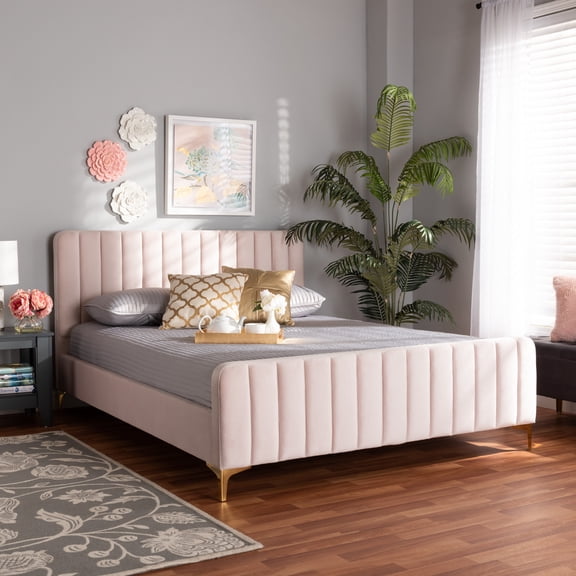 Queen Size Platform Bed - Velvet Upholstered Bed Frame with Gold Finish - Rustic Revival Bedroom Furniture