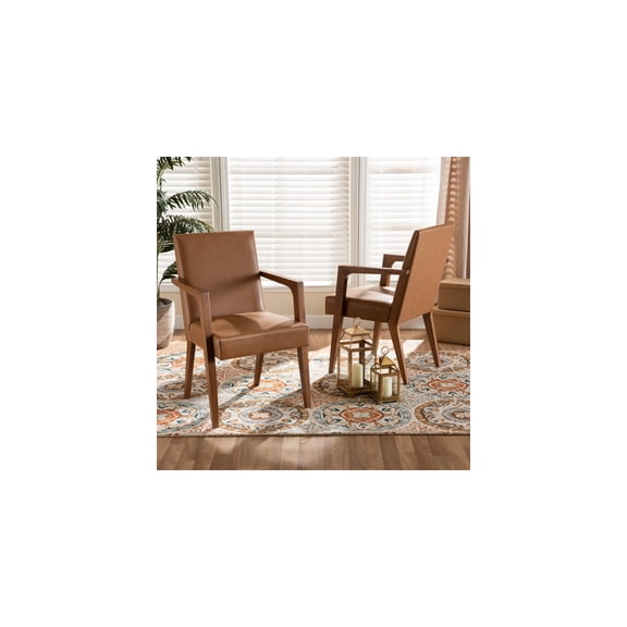 HomeStock Rustic Revival Mid-Century Modern Tan Faux Leather Upholstered and Walnut Brown Finished Wood 2-Piece Armchair Set, Versatile Seating and Conversation Set