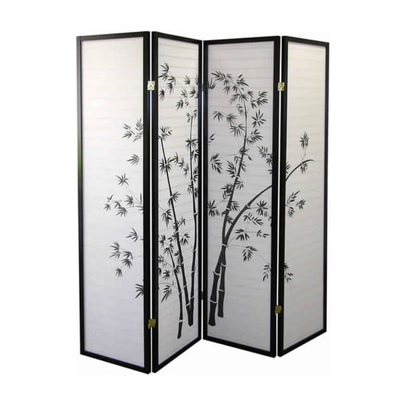 HomeStock Rustic Revival Paper 4 Panel Room Divider with Print White and Black 60" x 1" x 70" Bamboo Botanical Inspired Print with Shoji Paper