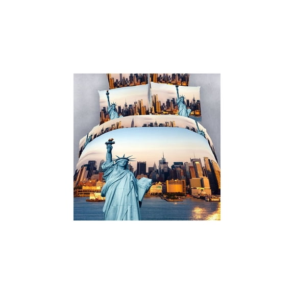 HomeStock Rustic Revival Statue of Liberty Sheet Set 38" x 80" x 16" Fitted Sheet, Includes Cover, Pillow Case, Pillow Sham, Soft Cotton, 4-Piece Bedding in Gift Box