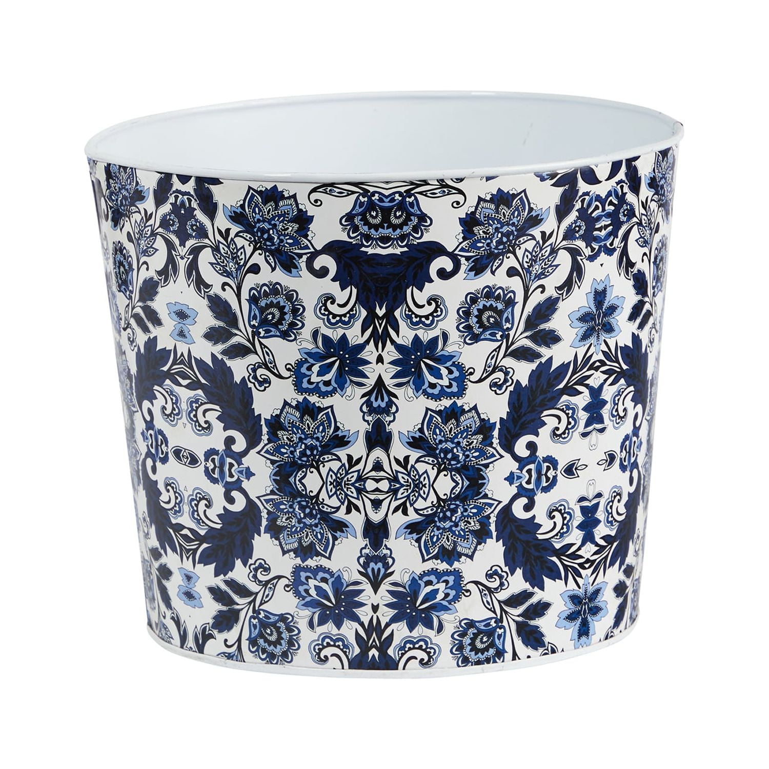 Hand-Painted Blue and White Metal Round Planter, 12-Inch