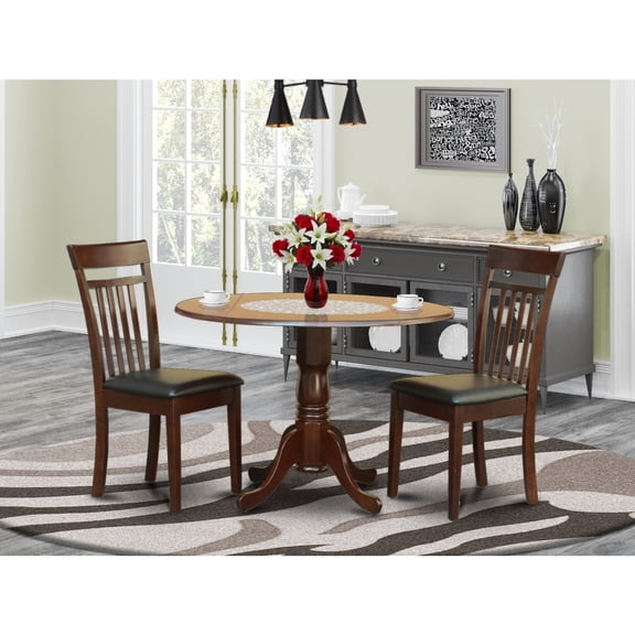HomeStock Rustic Romance 3 Piece Set Contains a Round Dining Table with Dropleaf and 2 Faux Leather Kitchen Room Chairs, 42x42 Inch, Mahogany
