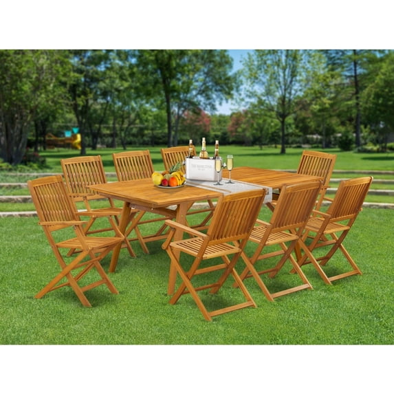 HomeStock Rustic Romance 9-Pc Small Patio Table Set- 8 Outdoor Arm Chairs High Slatted Back And Small Outdoor Table And Rectangle Top With Wooden 4 Legs - Natural Oil Finish