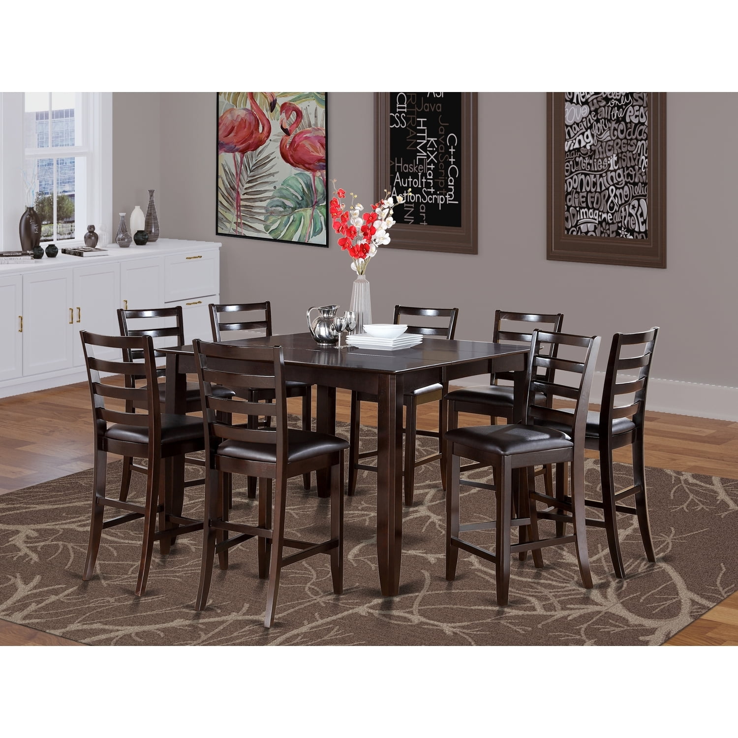 HomeStock Rustic Romance 9 Piece Counter Height Set Includes a Square Kitchen Table with ...