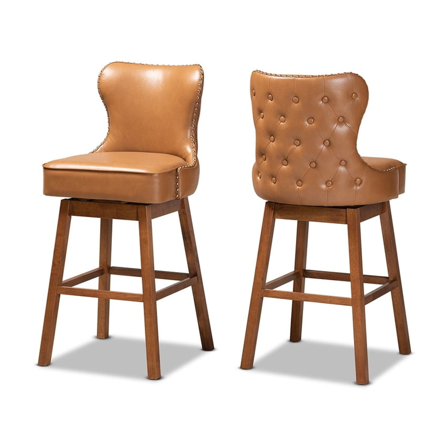 Walnut Wood and Tan Leather Swivel Barstool with Copper Accents