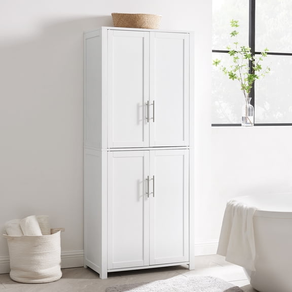 Tall Pantry Cabinet - White Linen Storage - 15"D x 28"W x 67"H - Adjustable Shelves