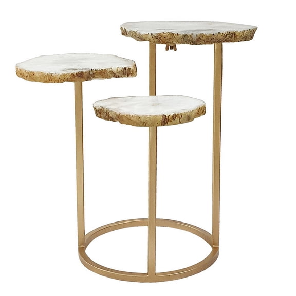HomeStock Seaside Serenity 17.7 Inch Accent Side Table with Three Tier White Agate Tops and Elegant Gold Finished Iron Base Frame