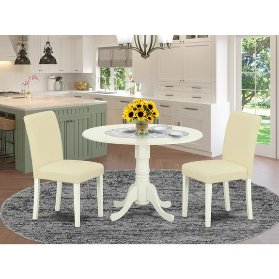 Round Dining Table Set 3pc 42" Table w/ Drop Leaves & 2 Parsons Chairs - White Linen Leg